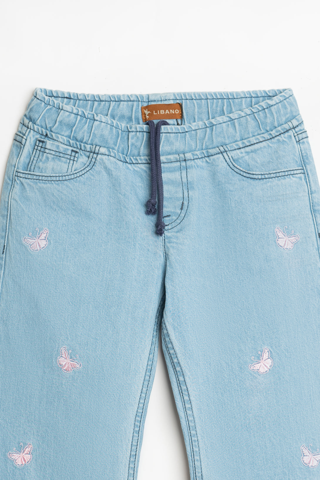 Denim Butterfly Embroidered Bell Bottom for Girls – Sky Blue Wash